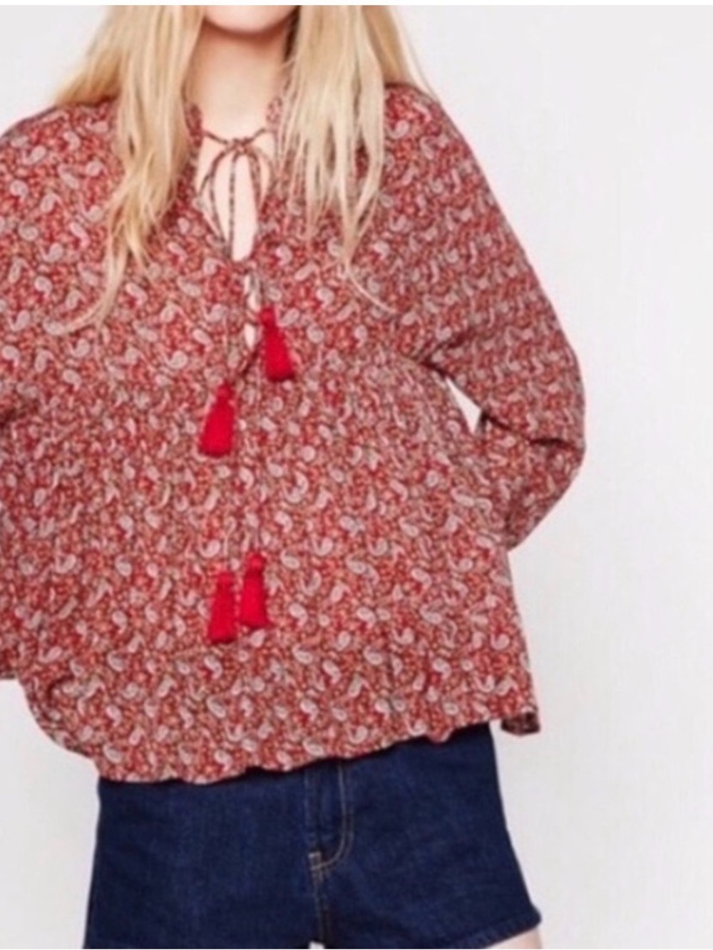 Zara Boho Cotton Paisley Tie-Front Peasant Top